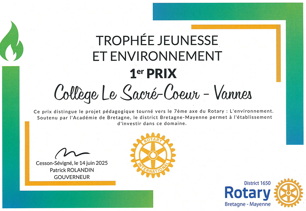 1er prix du trophée jeunesse et environnement, collège Sacré-Coeur de Vannes